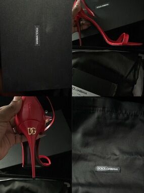 Dolce & Gabbana Red Patent Leather Stiletto Sandals with DG Heel Logo